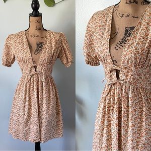Vintage Style Orange And Blue Floral Cream Dress With Tie Front And Puff Sleeves